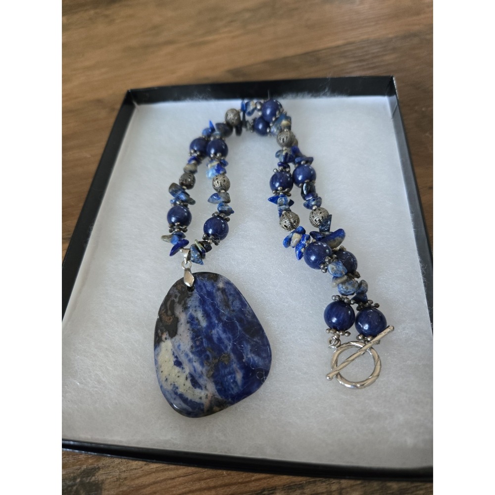 Vintage Sodalite Pendant Beaded Necklace Lapis Lazuli 18K GF Clamp Deep Blue - Picture 9 of 11